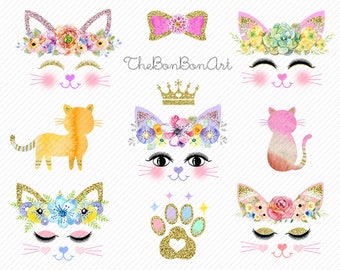 Cats Clipart. Cat party Clipart. Cat Watercolor. Cat face clipart.Watercolor Cat Faces Glitter Clipart.kitty clipart digital.Kittens Clipart