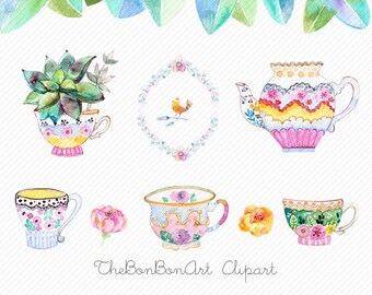 Alto té acuarela Clip Art. Té pot ClipArt, Tea Cup Ilustración, clip de flor de acuarela. tazas de té clipart. clipart de fiesta del té