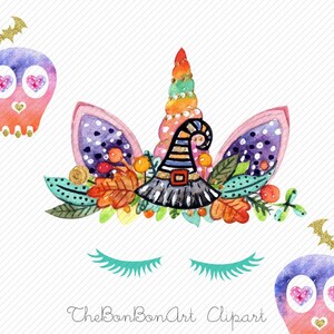 May include: A watercolor illustration of a unicorn with a witch hat and fall foliage. The unicorn has a rainbow horn, pink ears, and purple and white spots. The witch hat is black with a striped band and a gold buckle. The foliage is a mix of orange, yellow, and green leaves. The unicorn has closed eyes and eyelashes. The image is on a white background with a striped pattern.
