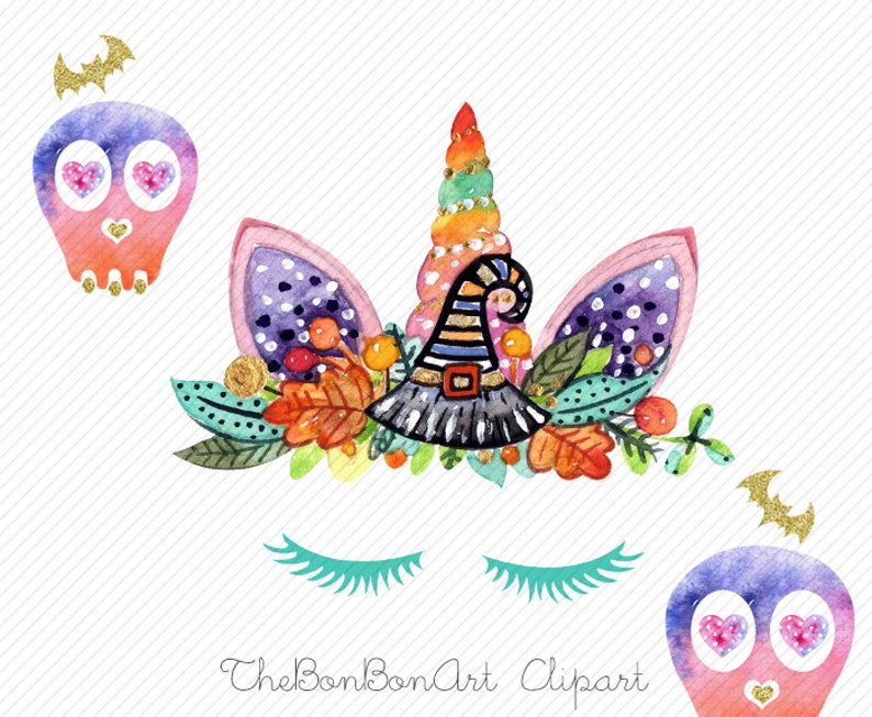 May include: A watercolor illustration of a unicorn with a witch hat and fall foliage. The unicorn has a rainbow horn, pink ears, and purple and white spots. The witch hat is black with a striped band and a gold buckle. The foliage is a mix of orange, yellow, and green leaves. The unicorn has closed eyes and eyelashes. The image is on a white background with a striped pattern.