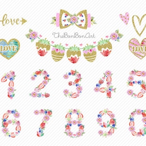 number clipart. watercolor Strawberry Clipart.Floral Numbers Printable.Strawberry Birthday Numbers Kids Party clipart.Table Number clipart