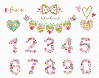 number clipart. watercolor Strawberry Clipart.Floral Numbers Printable.Strawberry Birthday Numbers Kids Party clipart.Table Number clipart