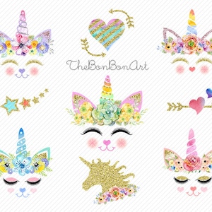 watercolor Unicorn Clipart. Unicorn Printable. Golden Unicorns Gold Glitter Unicorn . rainbow clipart, unicorn face. Glitter clipart.