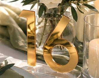 Gold Spiegel Acryl Tischnummern, Silber Hochzeit Herzstück Dekor, Schwarz Luxus Empfang Zeichen