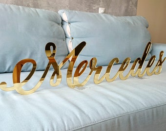 Personalized freestanding name sign  ACRYLIC Name 10&quot;-40&quot; wide Children room decor Baby nursery Crib name Baby shower Photo prop Gold sign