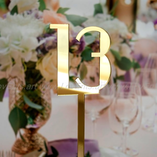 Gold mirror acrylic table numbers stiks for party in retro Wedding table numbers in Gatsby style Art deco wedding table numbers