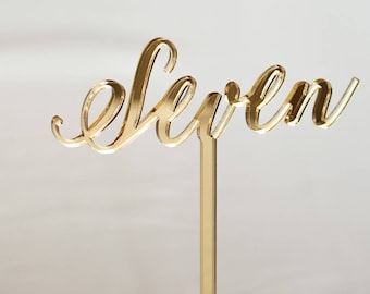 7" Gold mirror acrylic Table Numbers, Wedding Table Numbers, tall Table Numbers, Table Numbers Stick, handwritten Table Numbers