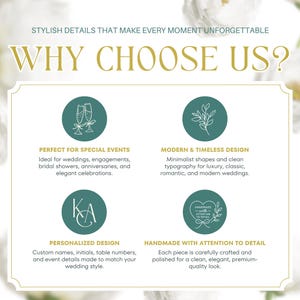 K&ouml;nnte beinhalten: Eine wei&szlig;e Infografik mit goldenem Text, der WHY CHOOSE US? und STYLISH DETAILS THAT MAKE EVERY MOMENT UNFORGETTABLE lautet. Sie enth&auml;lt vier t&uuml;rkisfarbene Kreise mit wei&szlig;en Strichzeichnungen und Text, der Dienstleistungen und Designs beschreibt.