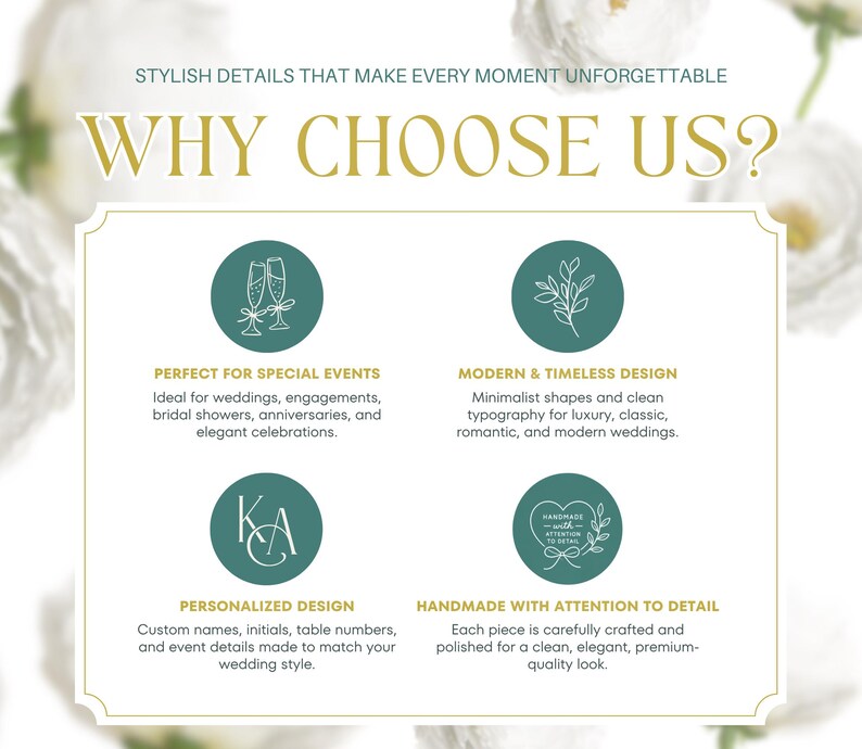 K&ouml;nnte beinhalten: Eine wei&szlig;e Infografik mit goldenem Text, der WHY CHOOSE US? und STYLISH DETAILS THAT MAKE EVERY MOMENT UNFORGETTABLE lautet. Sie enth&auml;lt vier t&uuml;rkisfarbene Kreise mit wei&szlig;en Strichzeichnungen und Text, der Dienstleistungen und Designs beschreibt.