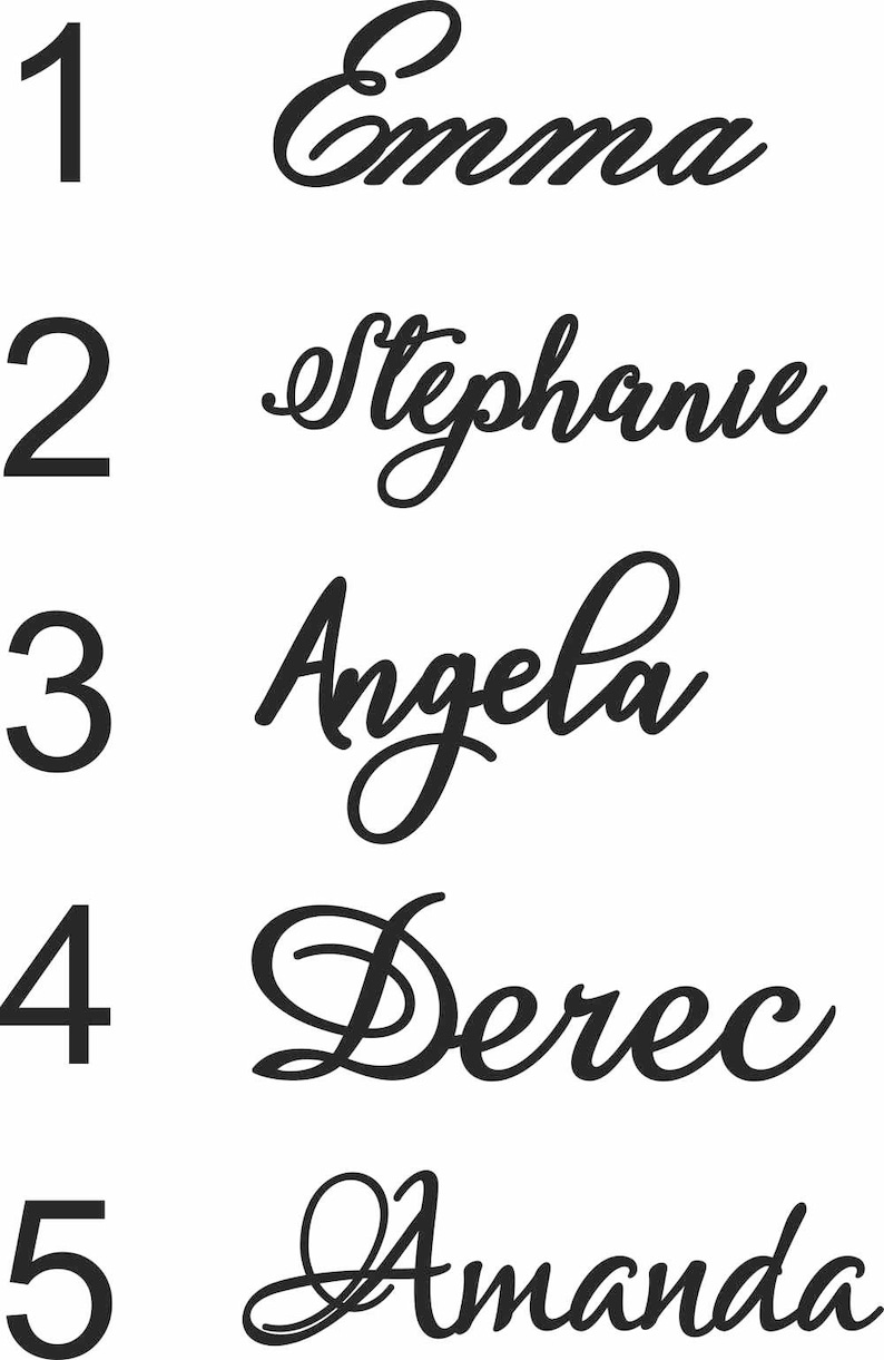 K&ouml;nnte beinhalten: Auf wei&szlig;em Hintergrund sind f&uuml;nf Namen in schwarzer, eleganter Schrift dargestellt: Emma, Stephanie, Angela, Derec und Amanda. Jeder Name ist mit einer einfachen serifenlosen Schrift von eins bis f&uuml;nf nummeriert.