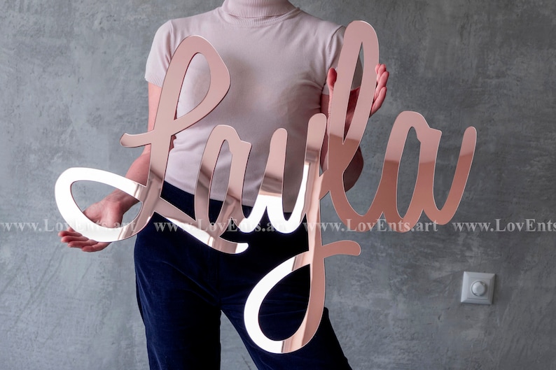 Rose gold mirror name sign, personalized wedding backdrop sign, custom baby wall decor