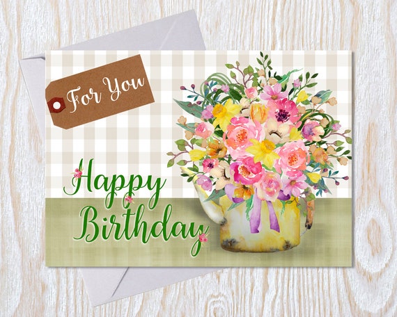 Happy Birthday Greeting Card Flowers Watercolour Bouquet Etsy