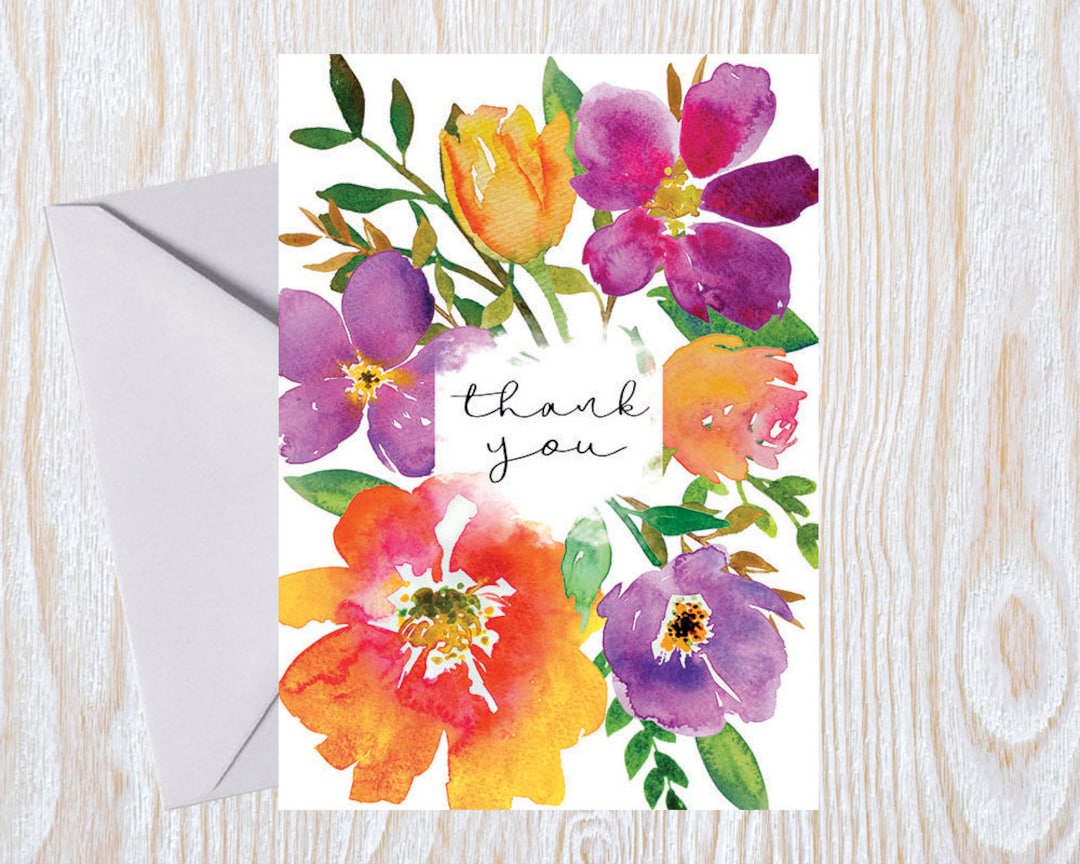 Thank You Greeting Card, Bold Floral Design, Watercolour Flowers ...