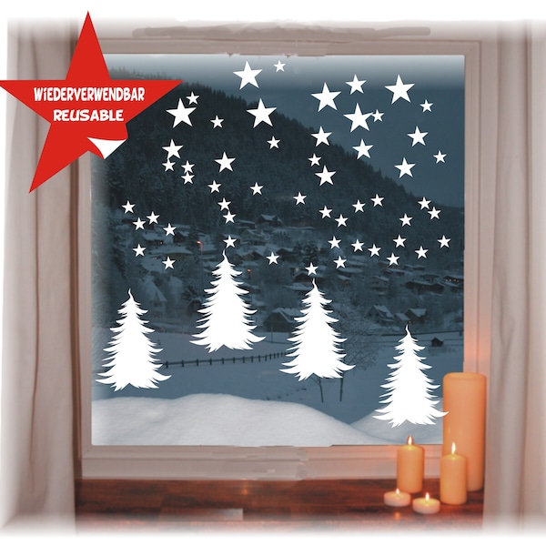 Window Image "Fir Trees" Reusable Christmas | contour-punched stars, and fir trees