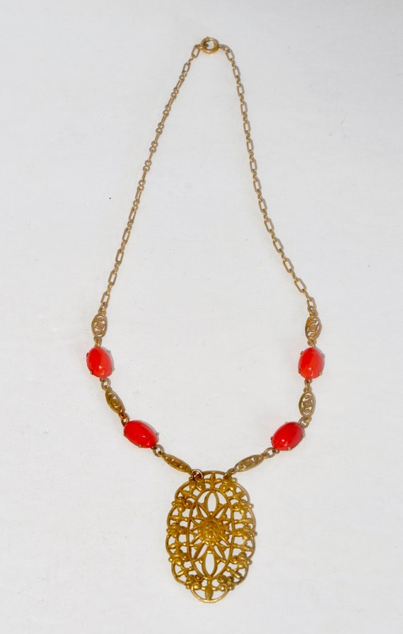 Art Deco, Red, Czech Glass Necklace Filigree Dangl