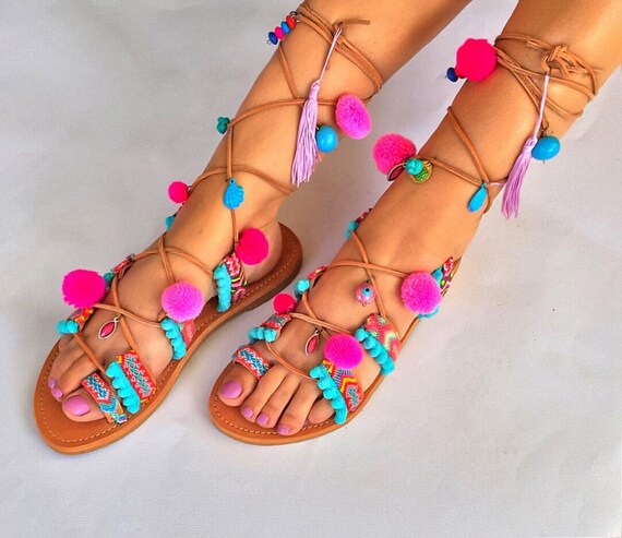 boho sandals Sandals boho style leather sandals gladiator sandals ON ORDER lace up sandals pom poms sandals Model SANTORINI