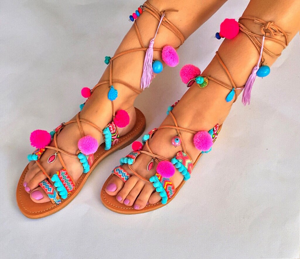 Pom Pom Sandals ''Lollipop''Tie Up sandals Etsy