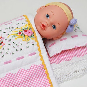 Doll bedding pink white yellow 15&quot; doll bedding chic doll linen set cotton floral doll bedding doll pillow