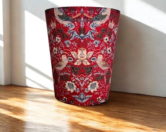 William Morris Waste Paper Bin, Fabric Desk Bin, Handmade Waste Basket, Decorative Home Office Bin | Strawberry Thief Red - medium