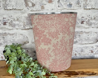 Handmade Zen Toile Pink Waste Paper Bin: Pink French Vintage Fabric - Metallic Trim Options