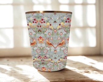 William Morris Strawberry Thief Silver Waste Paper Bin — Handmade Fabric Wastebasket, Decorative Office Bin, Bedroom Paper Bin, Morris Home