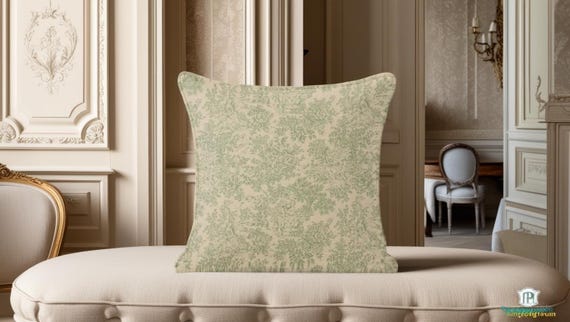 Toile de Jouy Zen in Green Scatter Cushion by Berry & Grouse - French - Vintage - matching piping - zip - polyester - feather - case only