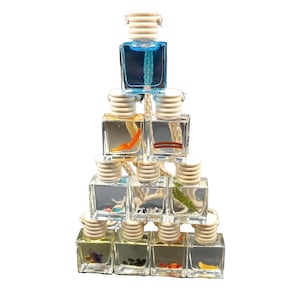 May include: A pyramid of small, square glass bottles with wooden lids and hanging twine. The bottles contain various colored liquids and small decorative items. The top bottle is blue, and the others are clear or yellow.