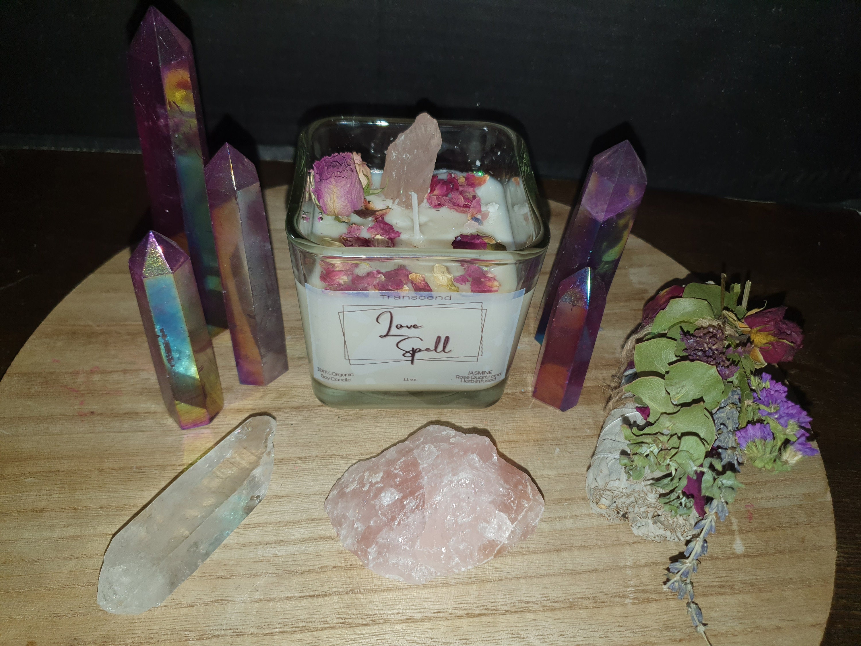 Handmade Organic Soy Wax Candle - Love Spell Rose Quartz, Lavender & Rosebud