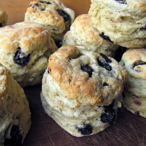 May include: A close-up of a plate of freshly baked blueberry biscuits. The biscuits are golden brown and have a soft, fluffy texture. They are topped with blueberries and have a slightly sweet flavor.