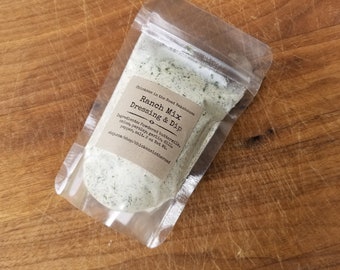 May include: A small clear plastic bag filled with a green powder mix labeled "Ranch Mix Dressing & Dip" with the ingredients listed: powdered buttermilk, onion, parsley, garlic, dill, pepper, salt. 2 oz Net Wt. etsy.com/shop/chickensintheroad