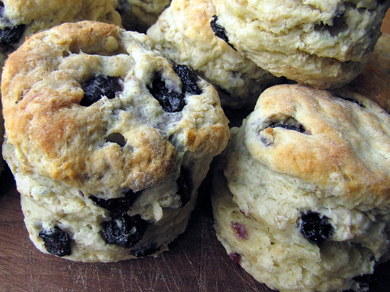 May include: A close-up of a stack of freshly baked blueberry biscuits. The biscuits are golden brown and have a slightly crispy exterior. The blueberries are visible throughout the biscuits, adding a touch of sweetness and color.