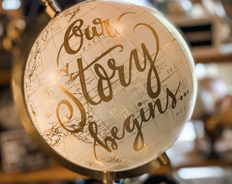 Our Story begins... Wedding Guestbook White and Gold Globe  / Date Can be Added  - listing is for THIS globe With This Wording