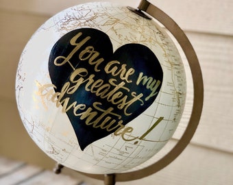 Custom Calligraphy Wedding Guestbook Globe / Choose Wording / White and Gold Globe w/Black heart in background / Wedding Guestbook / Nursery