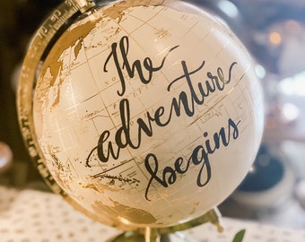 The Adventure Begins - Custom Wedding Guestbook Globe / White and Gold Calligraphy Wedding Guestbook Globe w/SHADED CONTINENTS / Guestbook