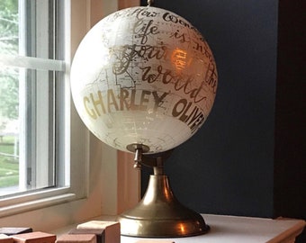 Custom Wedding Guestbook Globe w/ Calligraphy / Perfect For Baby's Nursery / White and Gold Calligraphy Globe / Custom Guestbook Globe