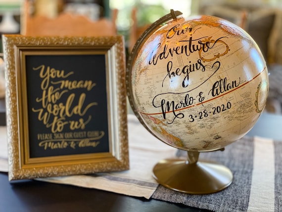 12 Inch Beige/Cream Wedding Guestbook Globe w/Gold Stand / Custom Calligraphy / Wedding Guest Globe, Accurate Globe