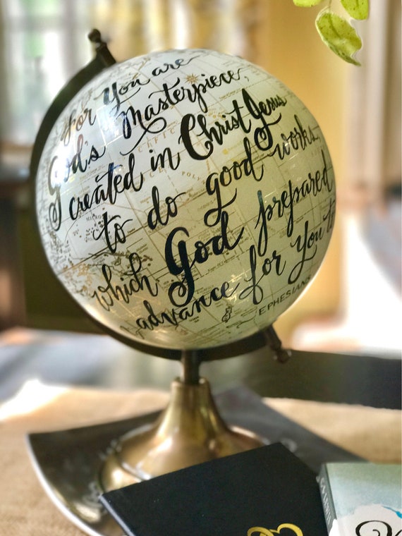 Scripture Globe / Custom Calligraphy Guestbook Globe / Full scripture quote or other long quote or wording choice - White and Gold globe