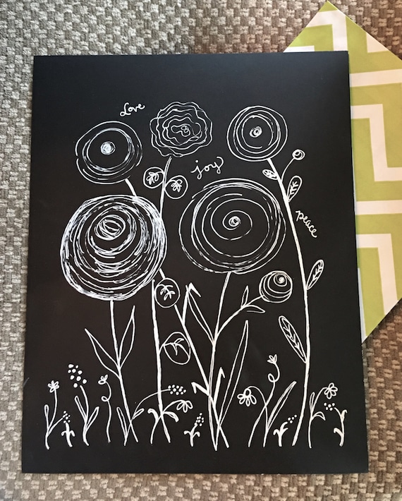 Custom Calligraphy "Floral LOVE JOY PEACE" White Ink Chalkboard Art Print / Heavyweight Chalkboard Paper and Chalk Pen / Frameable /