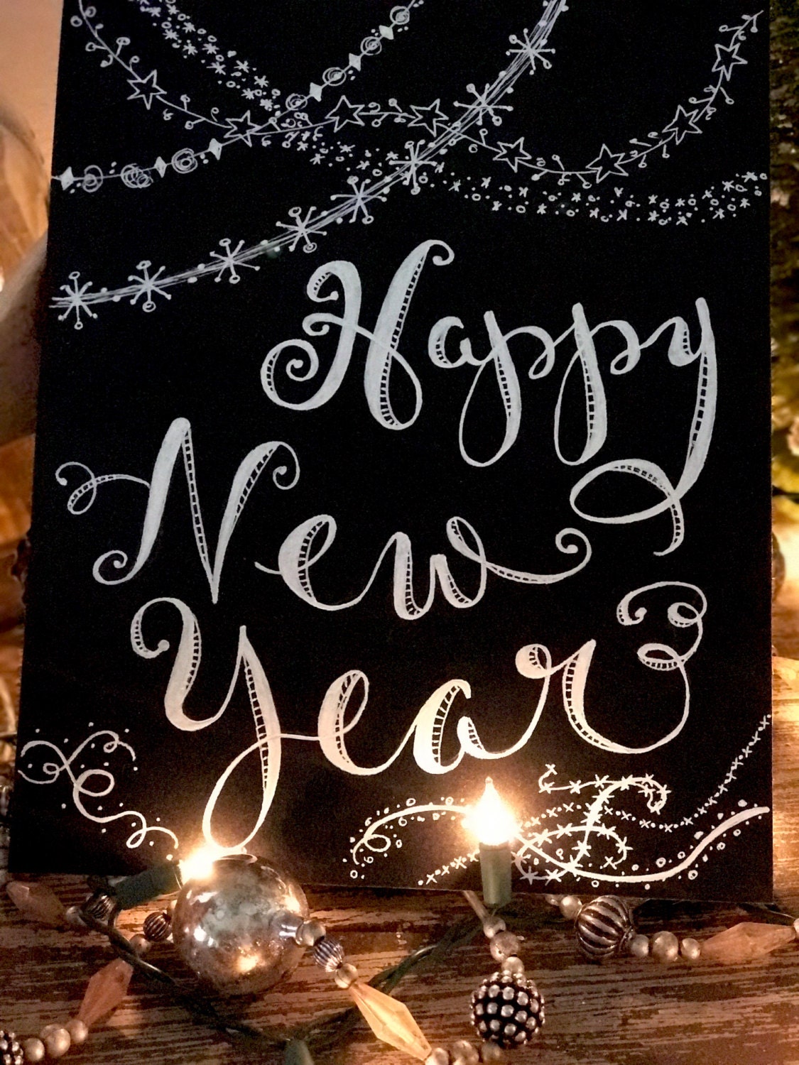 Winter Happy New Year Custom Calligraphy Chalkboard Paper Art Print