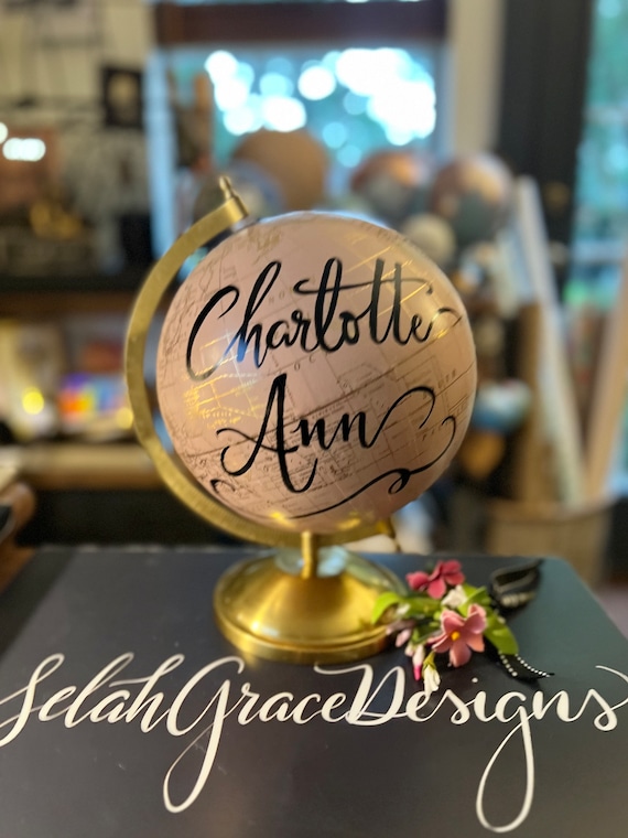 Custom Handlettered Globe  - Blush Pink & Gold Baby Girl Nursery Globe/Travel Theme Nursery / Baby Gift / Globe / custom wording globe