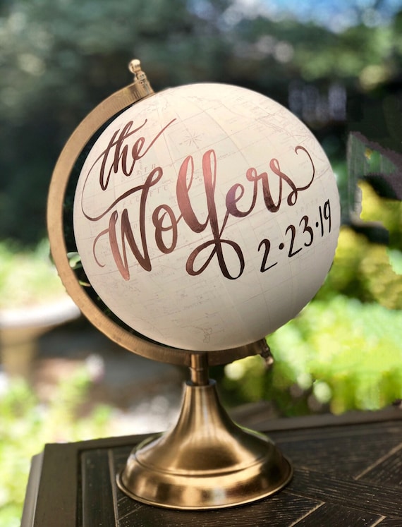 Custom Last Name Wedding Guestbook Globe / Calligraphy Guestbook Globe /  Choose Wording / White and Gold Globe or Whitewashed / Guest Globe