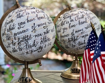 Scripture Globe / Custom Wedding Guestbook Globe w/Calligraphy / Full scripture quote or long quote or wording - White and Gold globe