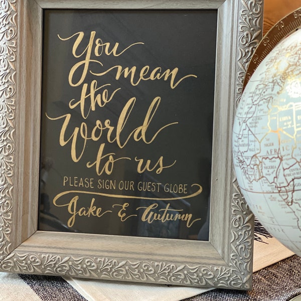 You Mean the World to Us ~ Please Sign Our Globe w/names Chalkboard Art Print/Chalkboard or Art Paper/Chalk Pen or Black Ink -w/or w/o Frame
