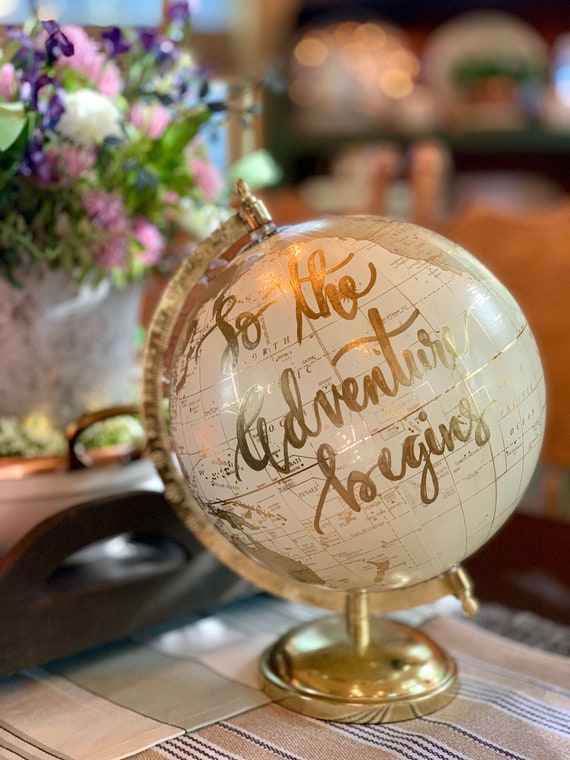 Custom White and Gold Wedding Guestbook Calligraphy Globe W/SHADED CONTINENTS / Choose Wording / Ink Color Options /Wedding Guestbook Globe