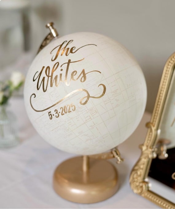 Calligraphy Globe: Personalized Wedding Date, Whitewashed also available, World Globe