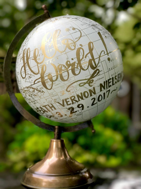 Custom Calligraphy Globe /Choice of Wording /White and Gold Calligraphy Globe/Custom Calligraphy of Your Choice/ Wedding Guest Globe/Nursery