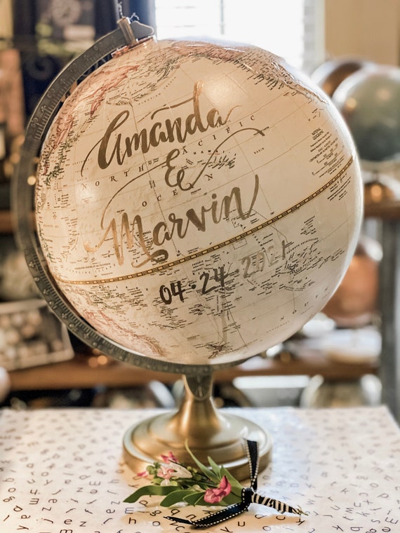 LARGE Guest Book Globe - 12 Inch Antique White/Cream Wedding Globe Custom Calligraphy / Wedding Guest Globe, Guestbook Globe