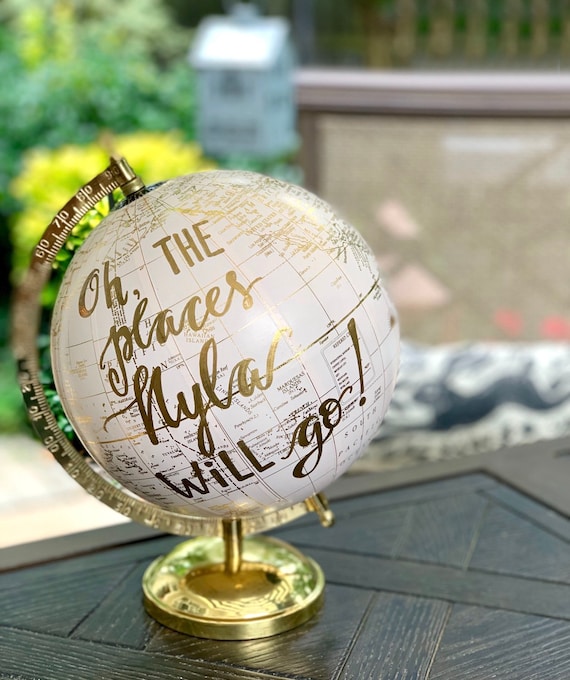 BLUSH PINK Baby Girl Nursery Globe/Travel Theme Nursery/ Blush Pink & Gold Globe w/Gold, Gray or other color ink / custom wording