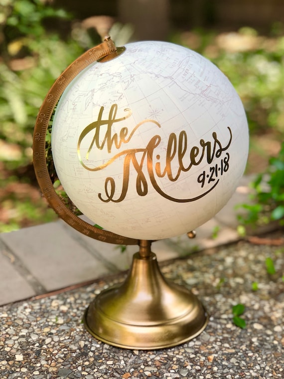 Custom Calligraphy Wedding Guestbook Globe / Choose Wording / White and Gold Globe /Whitewashed Options / Wedding Guestbook Nursery Globe