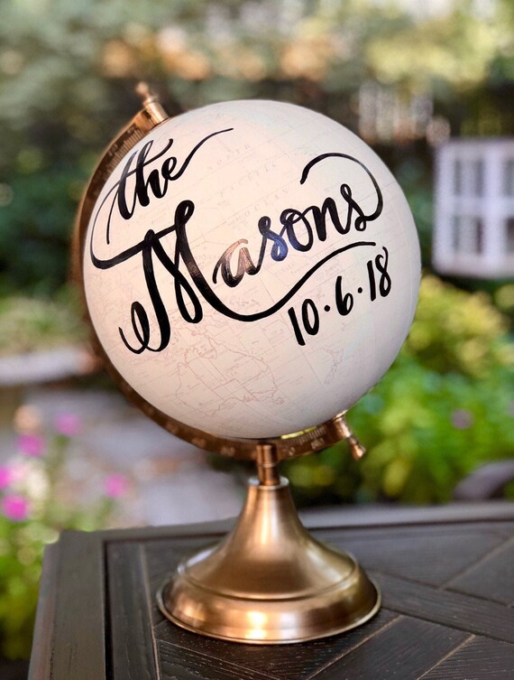 Custom Last Name Calligraphy Wedding Guestbook Globe / Choose Wording / White and Gold Globe or Whitewashed Options / Guestbook globe